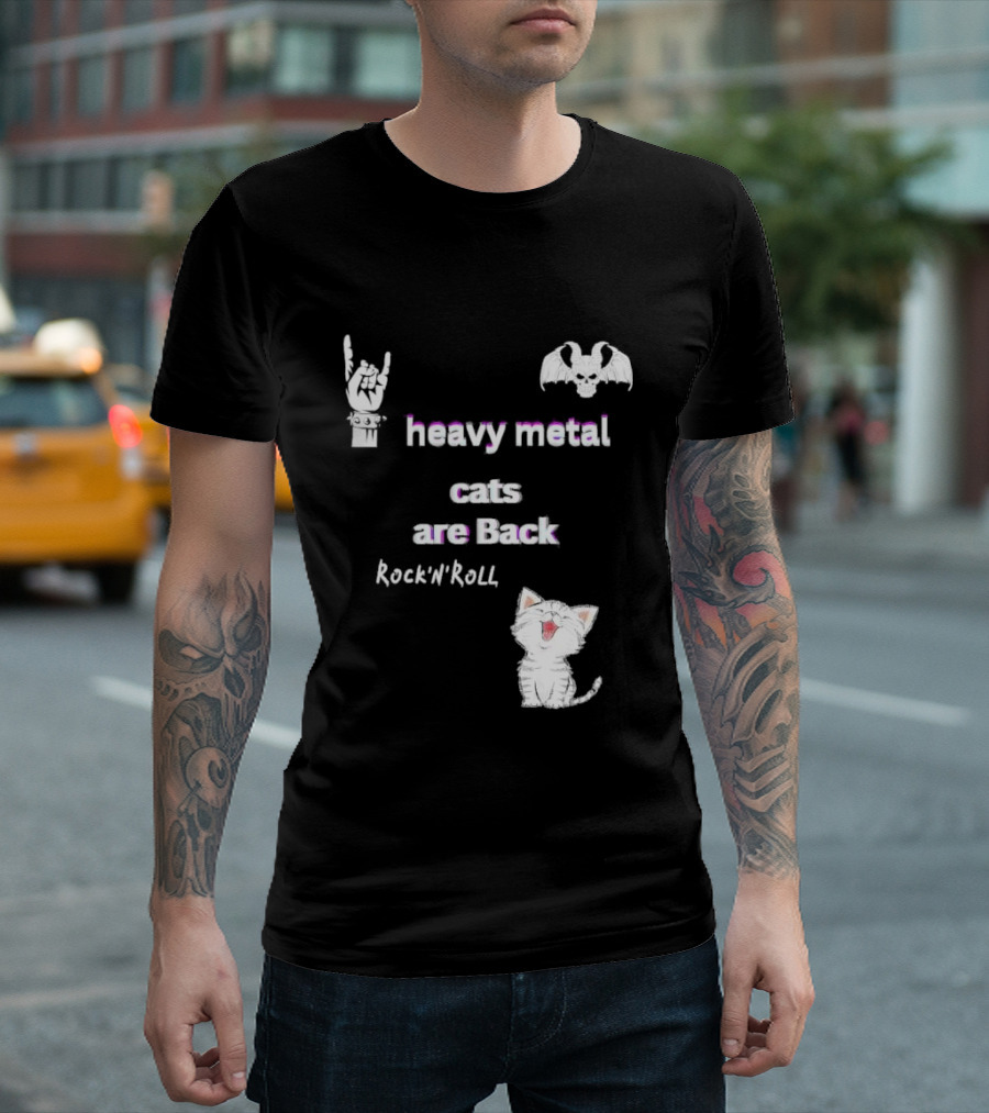 Heavy Metal Cats Are Back Rock’N’Roll 2024 Skull Hand Gesture Bat Kitten T-Shirt