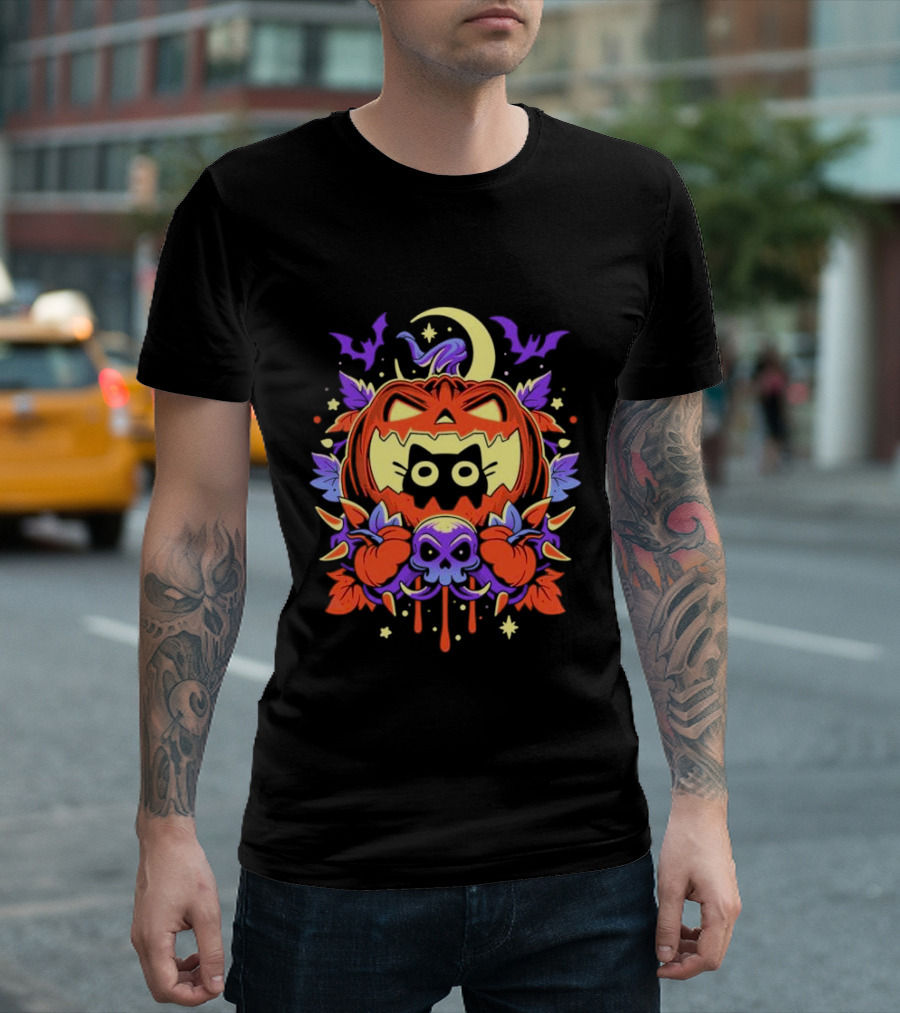 Halloween Cat Hideout Moonlit Pumpkin Skull T-Shirt