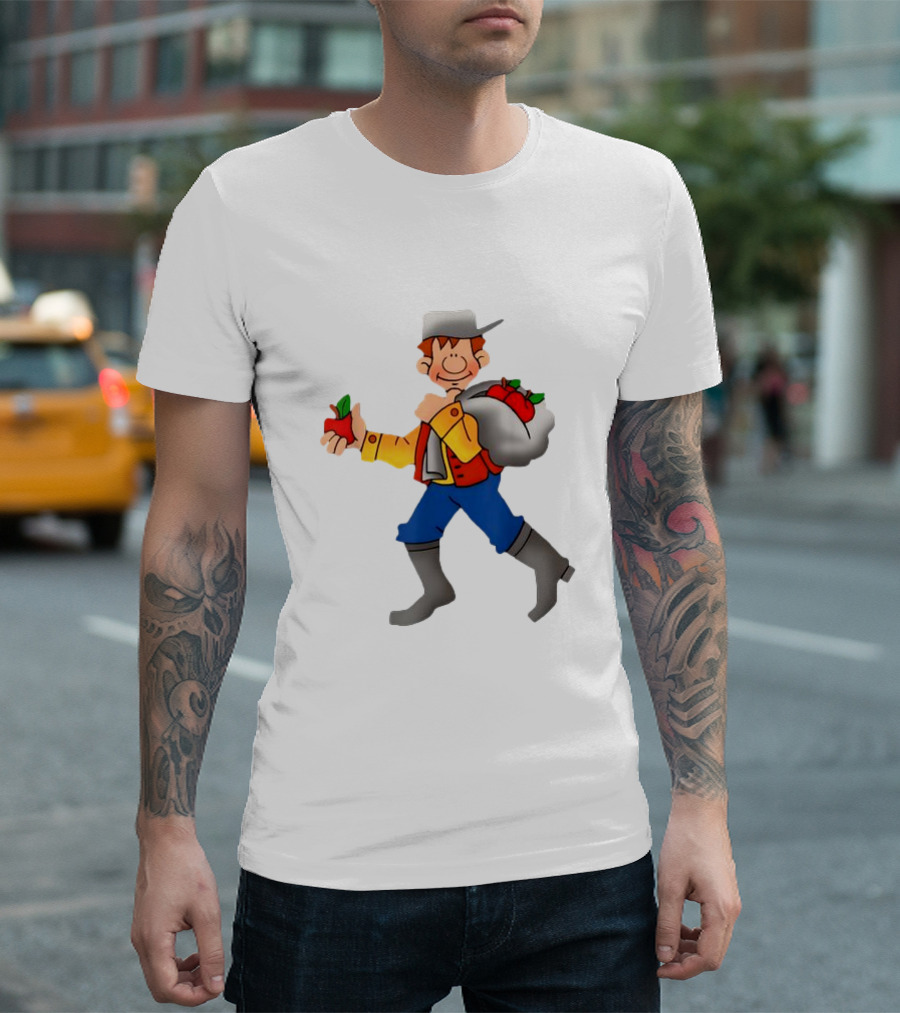 Johnny Appleseed Cartoon Character With Apple Backpack T-Shirt