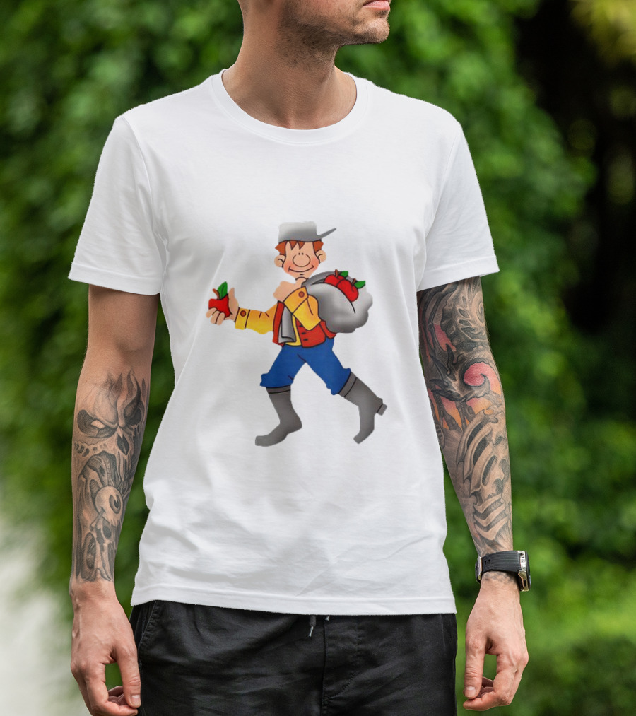 Johnny Appleseed Cartoon Character With Apple Backpack T-Shirt