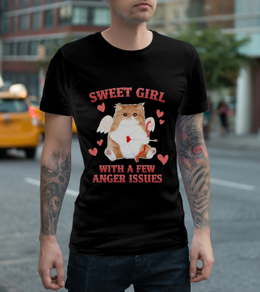 Sweet Girl With a Few Anger Issues Cat With Bow and Arrow Vintage Hearts T-Shirt