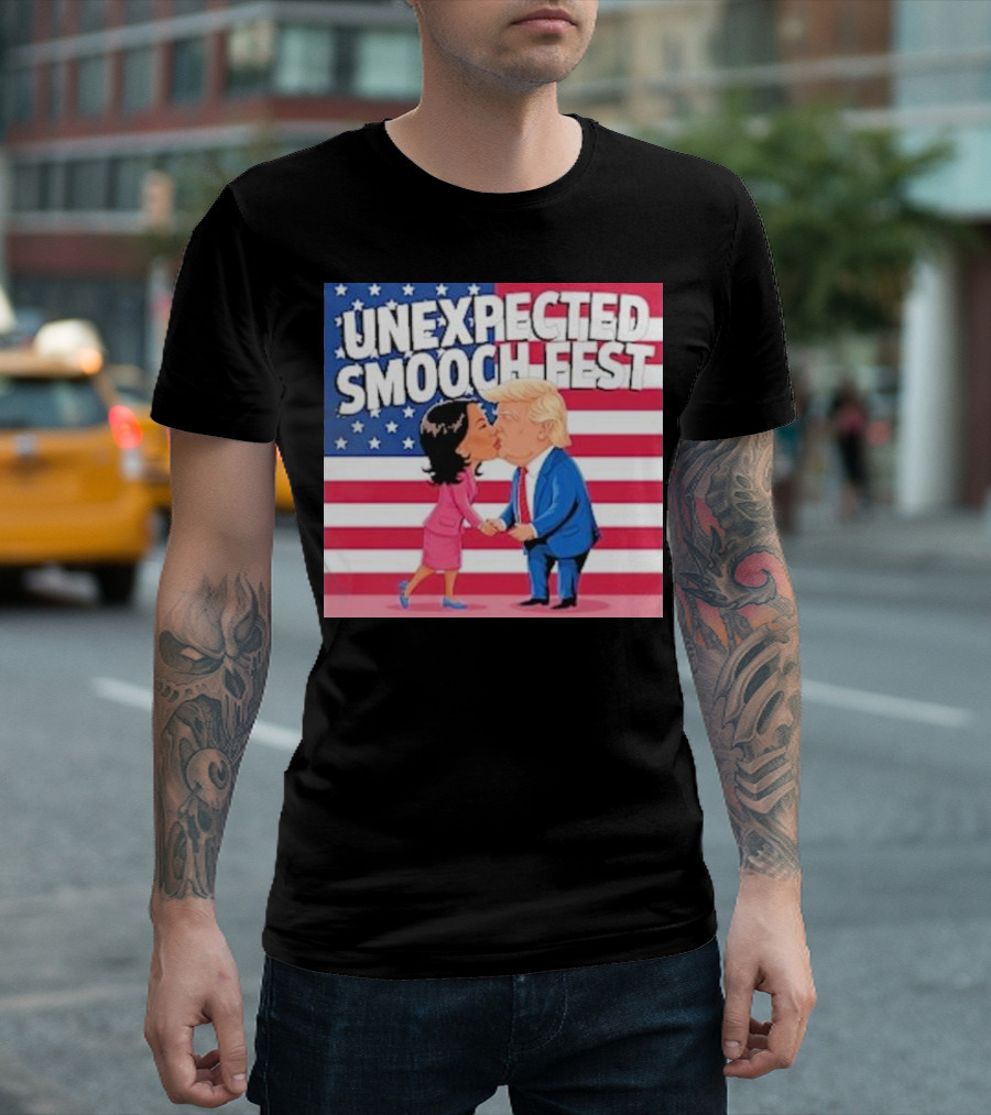 UNEXPECTED SMOOCH FEST Donald Trump and Kamala Harris Kissing American Flag Background T-Shirt