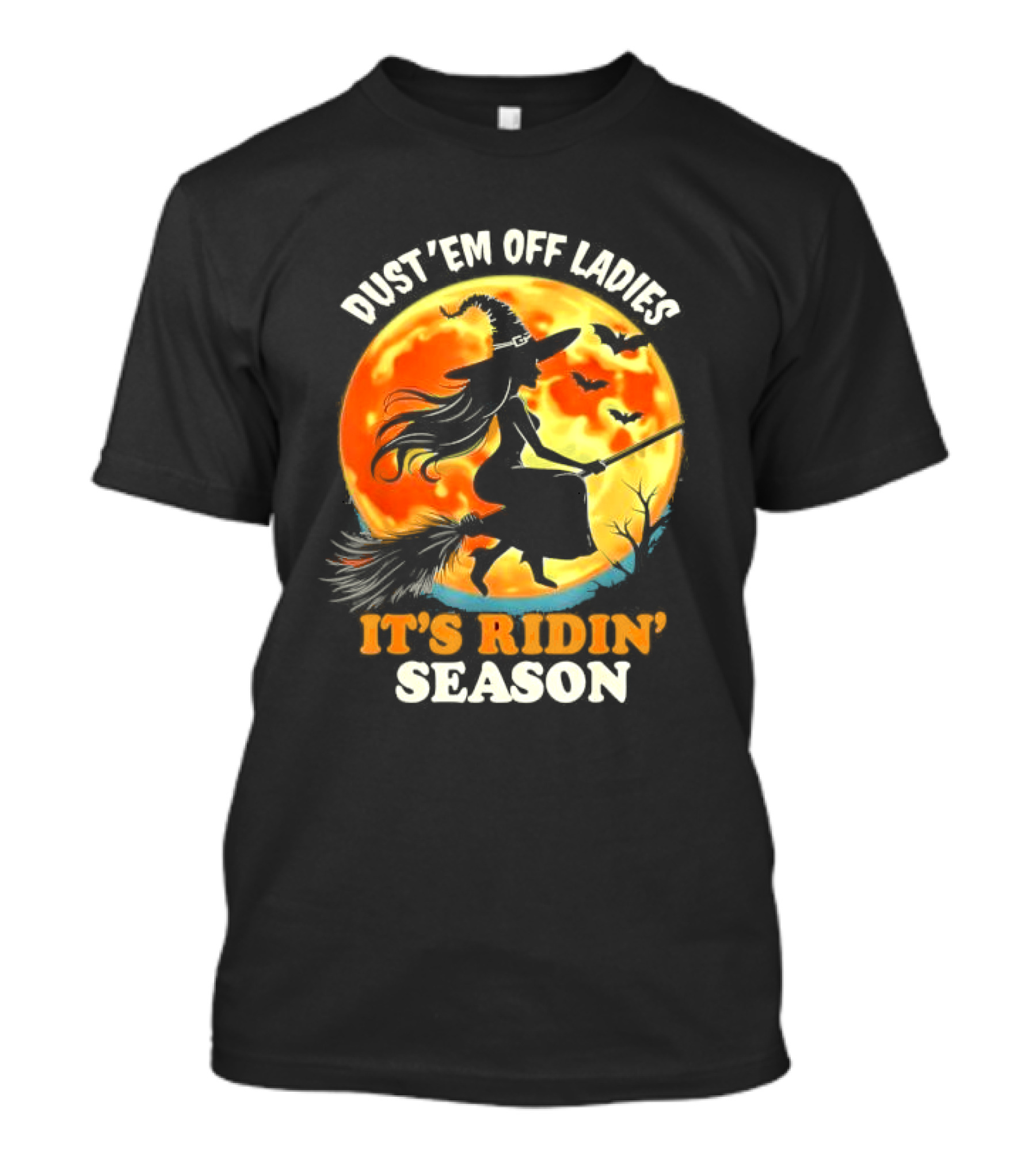 Dust ’em Off Ladies It’s Ridin’ Season Halloween Witch Silhouette Full Moon T-Shirt