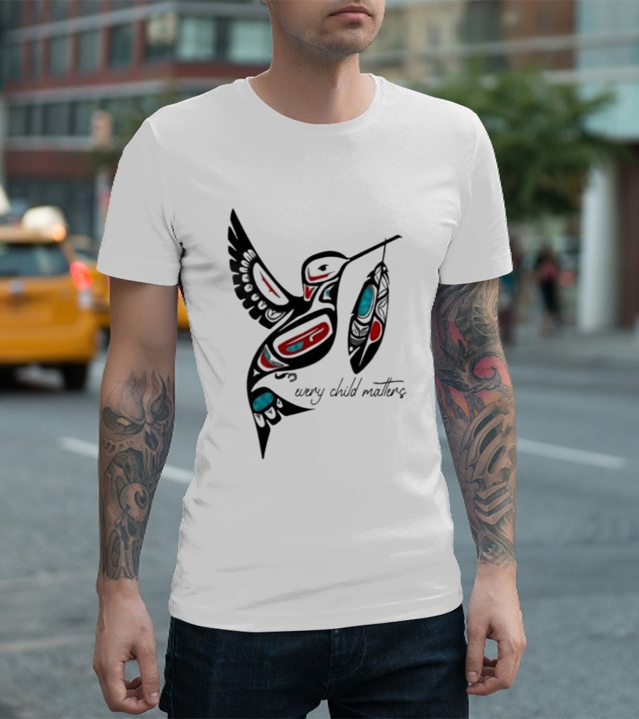 Every Child Matters Indigenous Hummingbird Feathers Orange Day T-Shirt