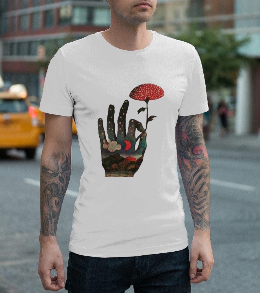 Fly Agaric Psychedelic Hand with Night Sky and Moon T-Shirt