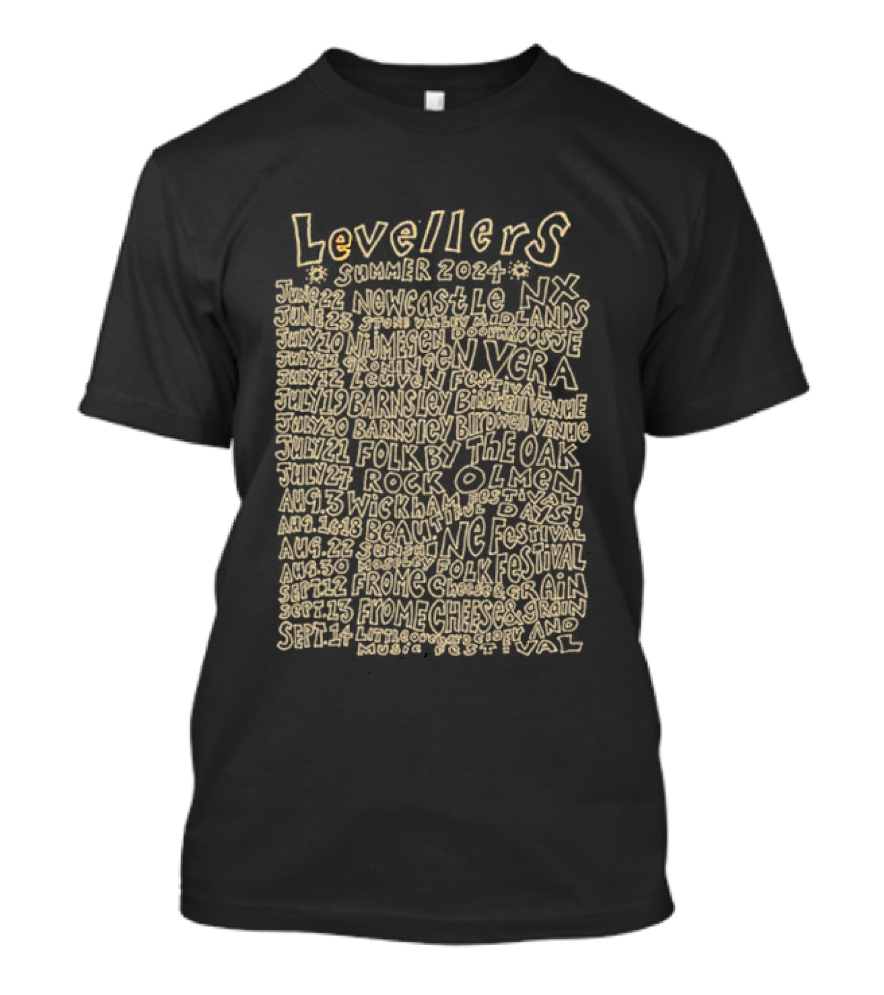 Levellers Summer 2024 UK Europe Tour Dates Newcastle Netherlands Folk By The Oak Olmen Wickham Broadstairs Cheese And Grain Moseley T-Shirt
