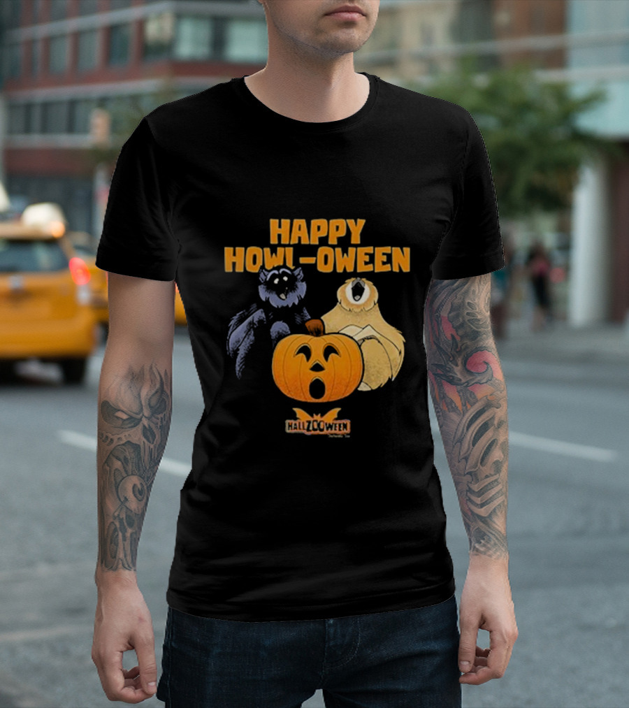 Happy Howl-oween Gibbons with Pumpkin and Hallzcoween Banner T-Shirt