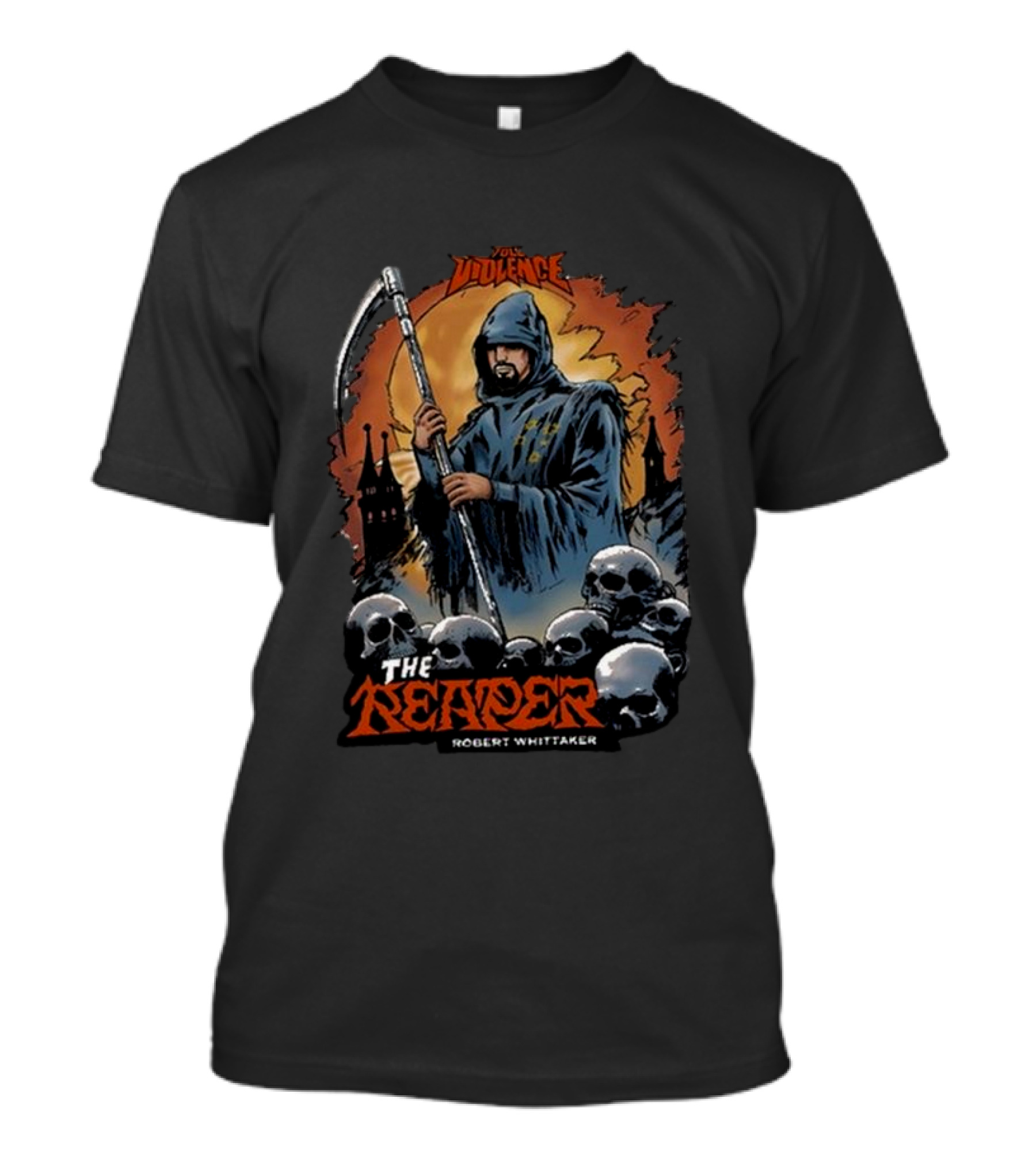Robert Whittaker The Reaper Violence Halloween 2024 Skulls Scythe T-Shirt