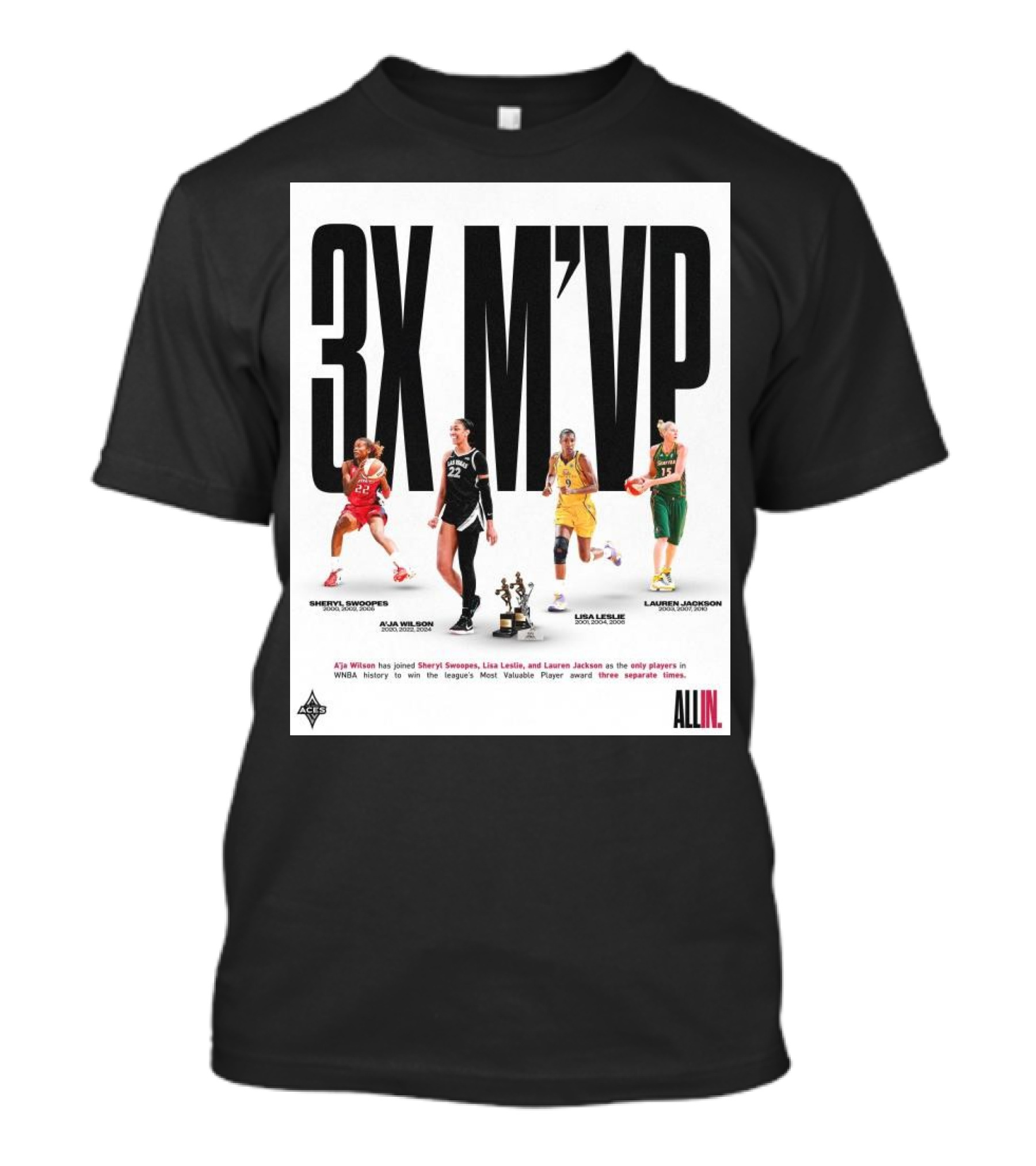 3X M'VP A'ja Wilson Joins Sheryl Swoopes Lisa Leslie Lauren Jackson WNBA History All In T-Shirt