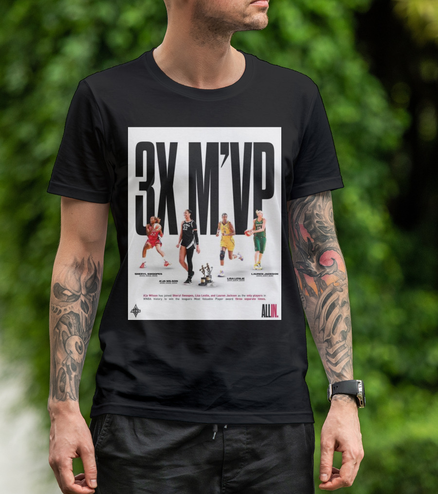 3X M'VP A'ja Wilson Joins Sheryl Swoopes Lisa Leslie Lauren Jackson WNBA History All In T-Shirt