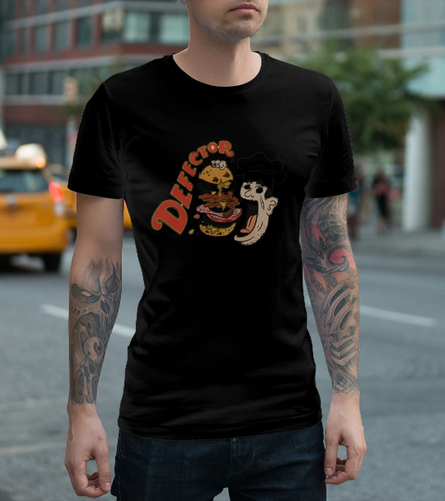 Defector Chefector Big Burger Graphic with Chef and Layered Burger T-Shirt