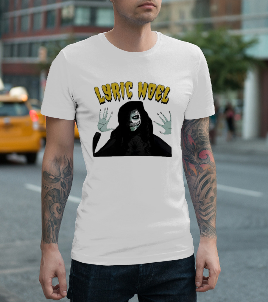Lyric Noel Hallows Eve Ghostly Figure with Spider Web Face T-Shirt
