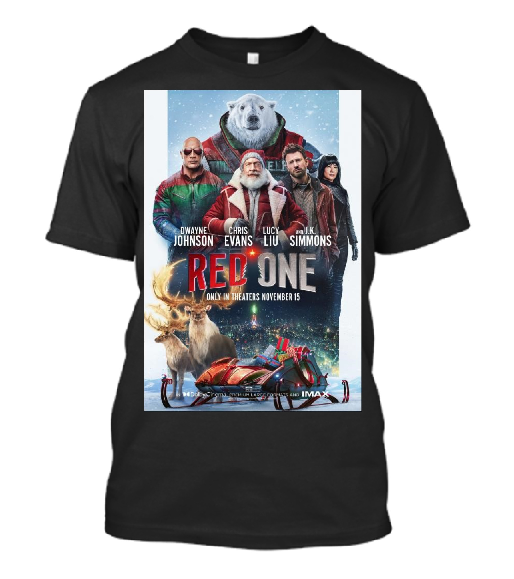 Red One Movie Poster Featuring Dwayne Johnson Chris Evans Lucy Liu J K Simmons Reindeer Polar Bear Sleigh November 15 Release T-Shirt