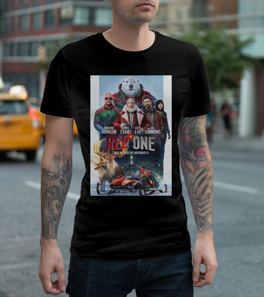 Red One Movie Poster Featuring Dwayne Johnson Chris Evans Lucy Liu J K Simmons Reindeer Polar Bear Sleigh November 15 Release T-Shirt