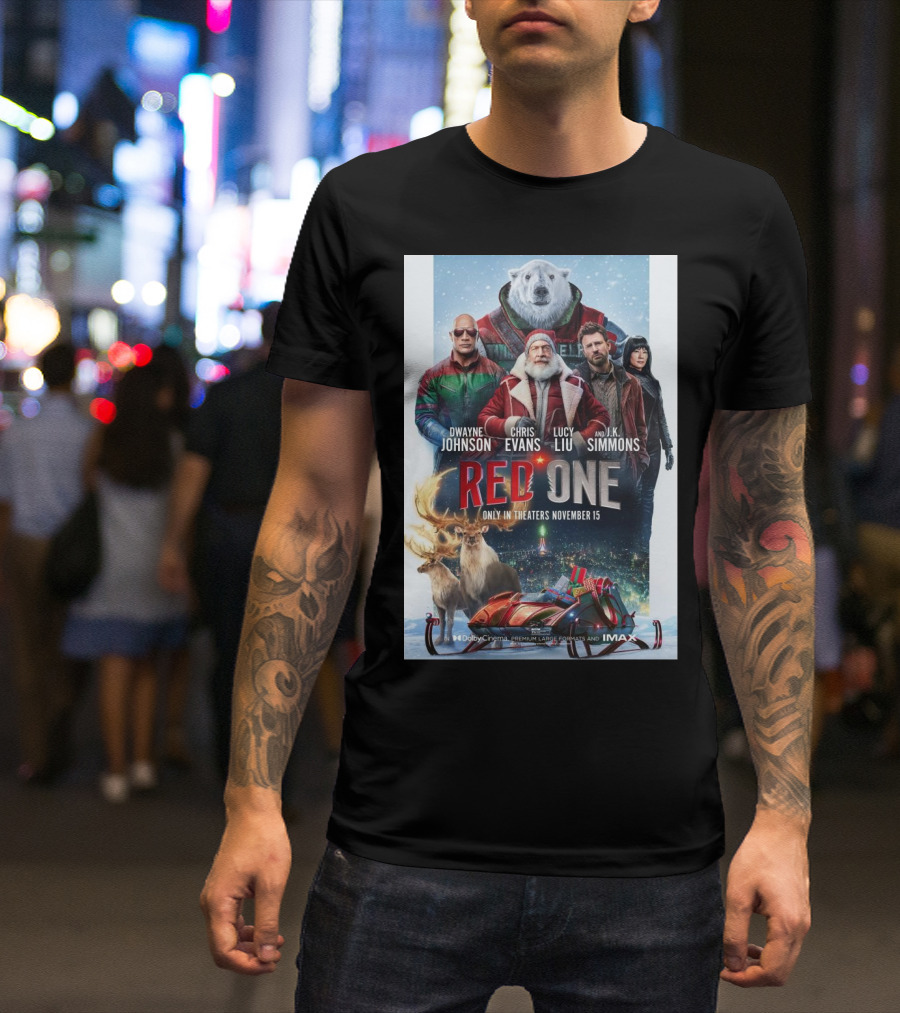 Red One Movie Poster Featuring Dwayne Johnson Chris Evans Lucy Liu J K Simmons Reindeer Polar Bear Sleigh November 15 Release T-Shirt