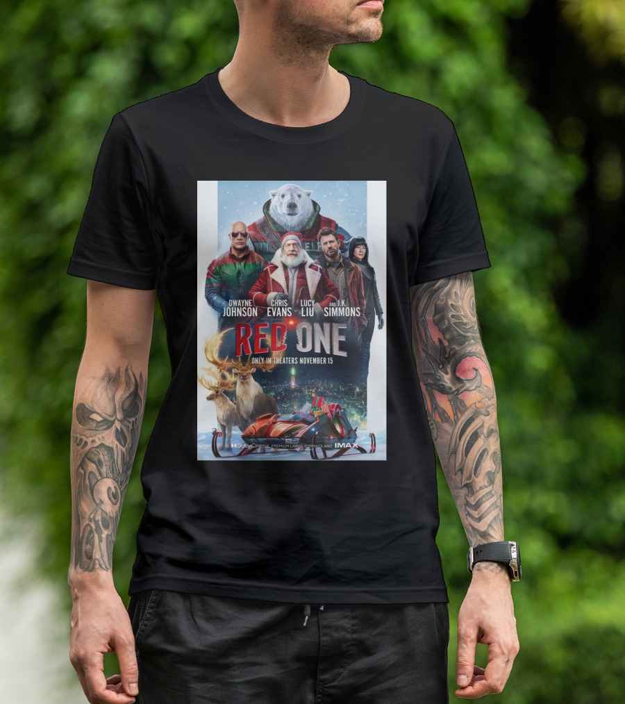 Red One Movie Poster Featuring Dwayne Johnson Chris Evans Lucy Liu J K Simmons Reindeer Polar Bear Sleigh November 15 Release T-Shirt