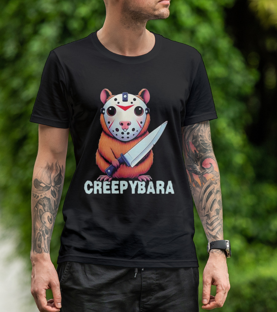 Creepybara Capybara Horror Jason Mask Funny Halloween Scary T-Shirt