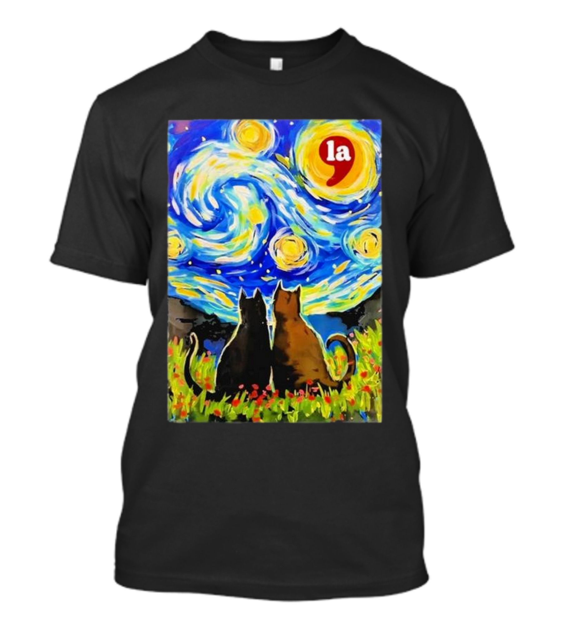 Halloween Starry Night Black Cat Van Gogh Style La Comma T-Shirt
