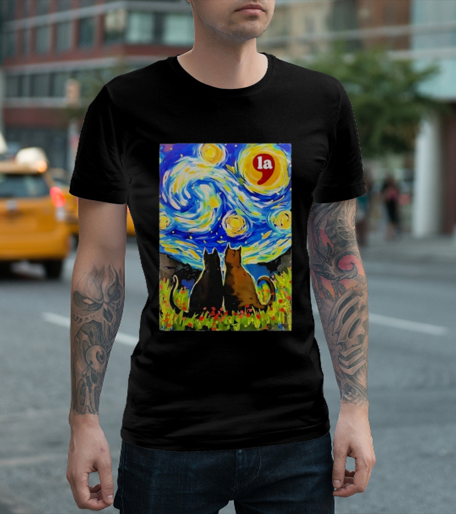 Halloween Starry Night Black Cat Van Gogh Style La Comma T-Shirt