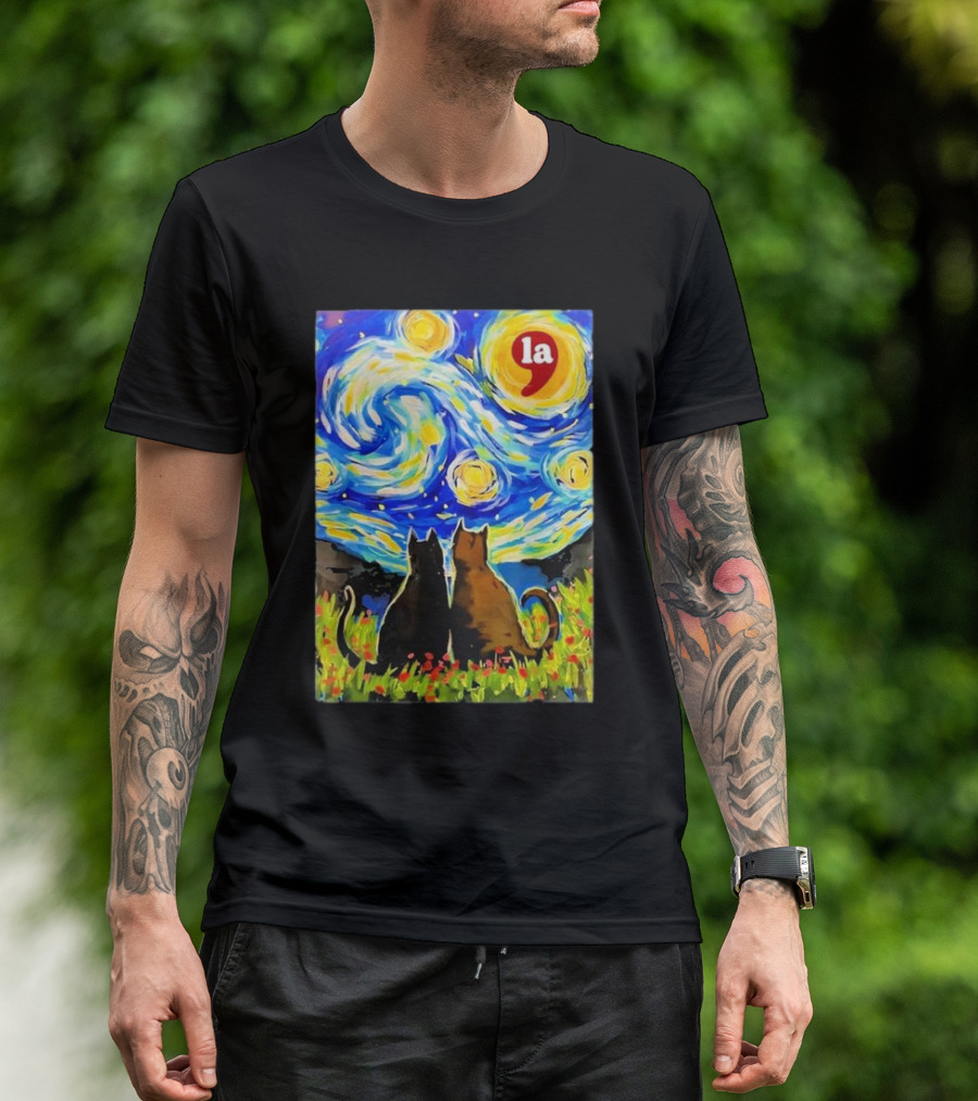 Halloween Starry Night Black Cat Van Gogh Style La Comma T-Shirt