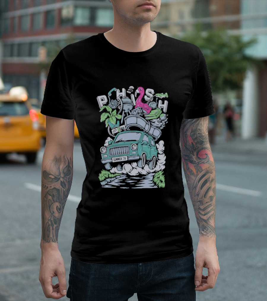 Phish Summer 24 Impossible Road Trip Van with Flamingo and Floating Gear T-Shirt