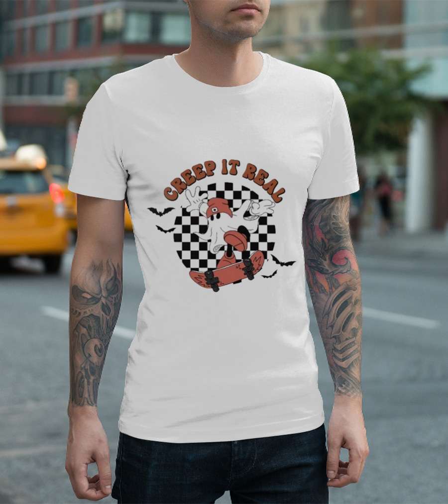 Creep It Real Retro Skateboarding Ghost Halloween Bats T-Shirt