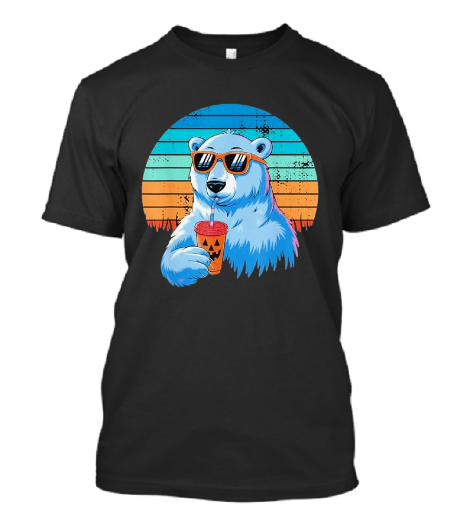 Retro Polar Bear In Sunglasses Sipping Halloween Latte Vintage Sunset T-Shirt
