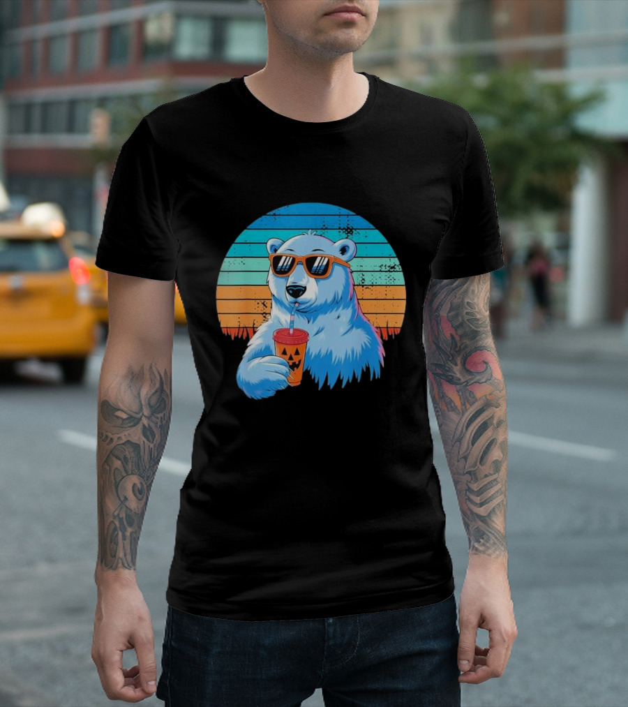 Retro Polar Bear In Sunglasses Sipping Halloween Latte Vintage Sunset T-Shirt