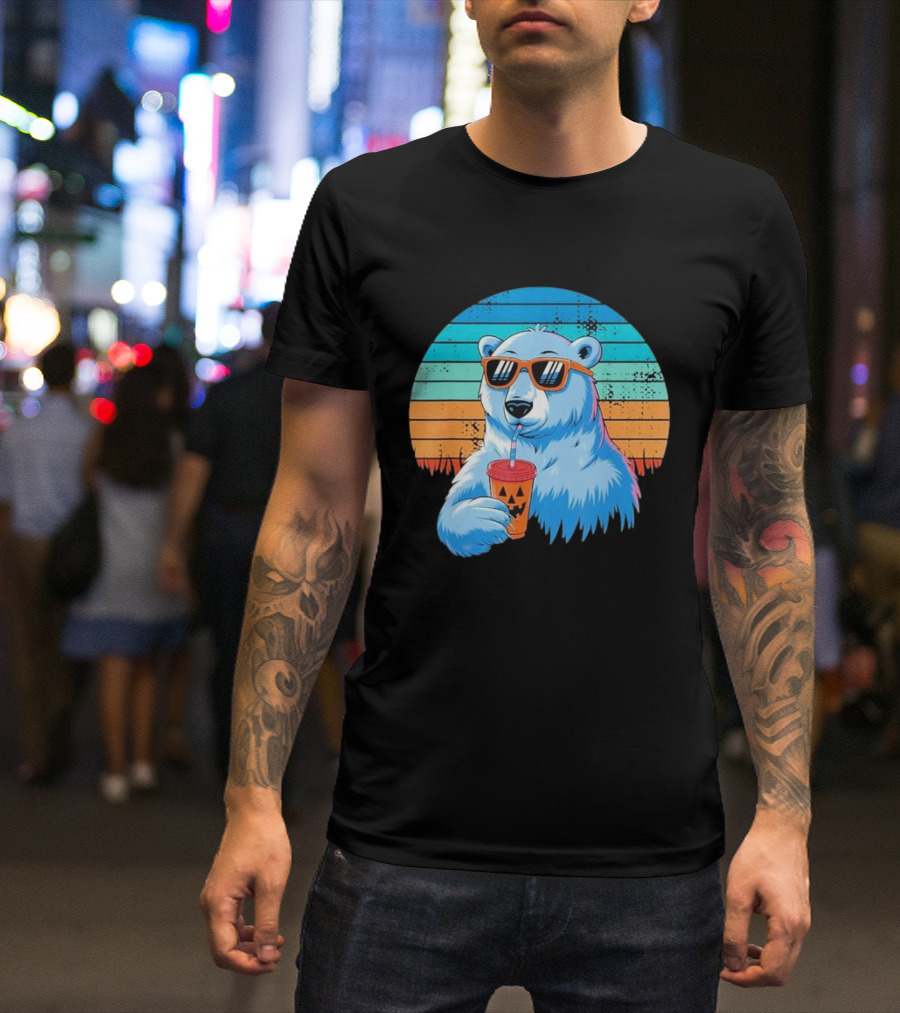 Retro Polar Bear In Sunglasses Sipping Halloween Latte Vintage Sunset T-Shirt