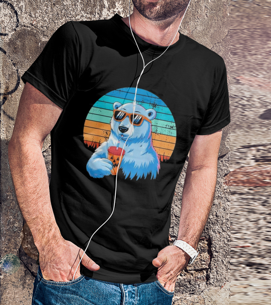 Retro Polar Bear In Sunglasses Sipping Halloween Latte Vintage Sunset T-Shirt