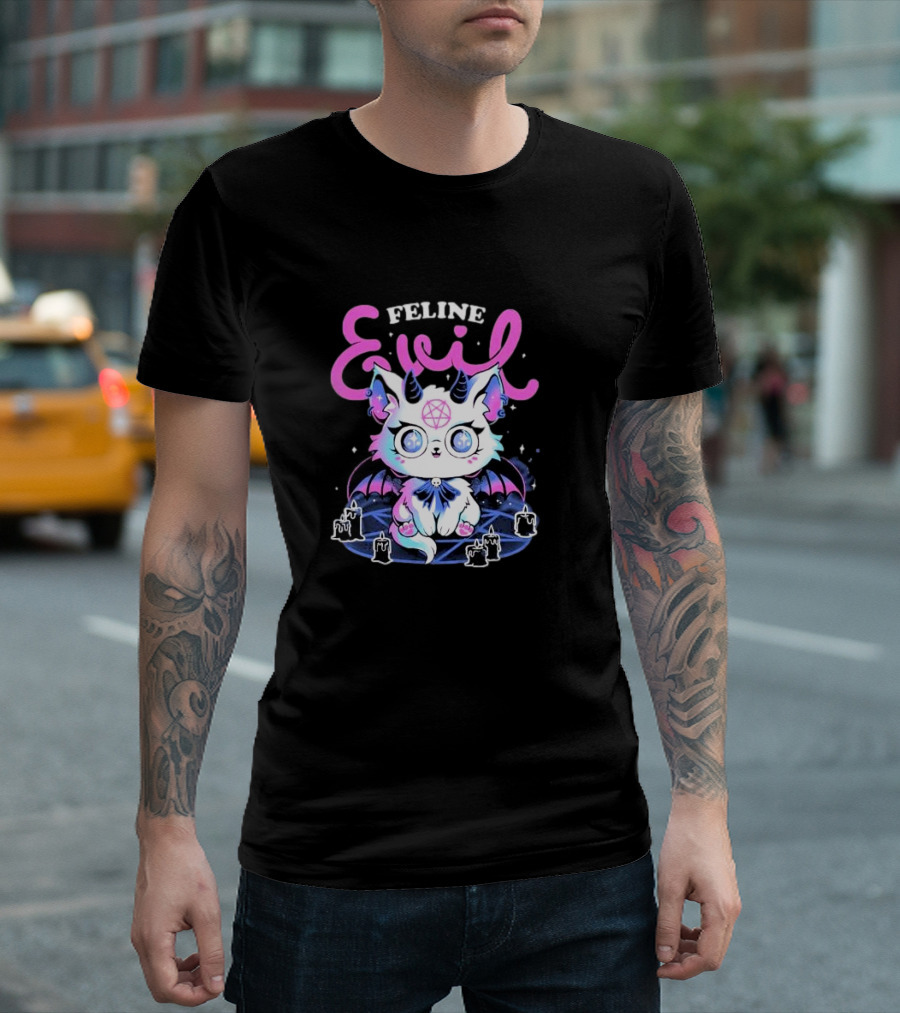 Feline Evil Cute Devil Cat With Pentagram And Bat Wings T-Shirt