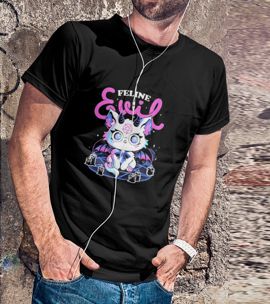 Feline Evil Cute Devil Cat With Pentagram And Bat Wings T-Shirt