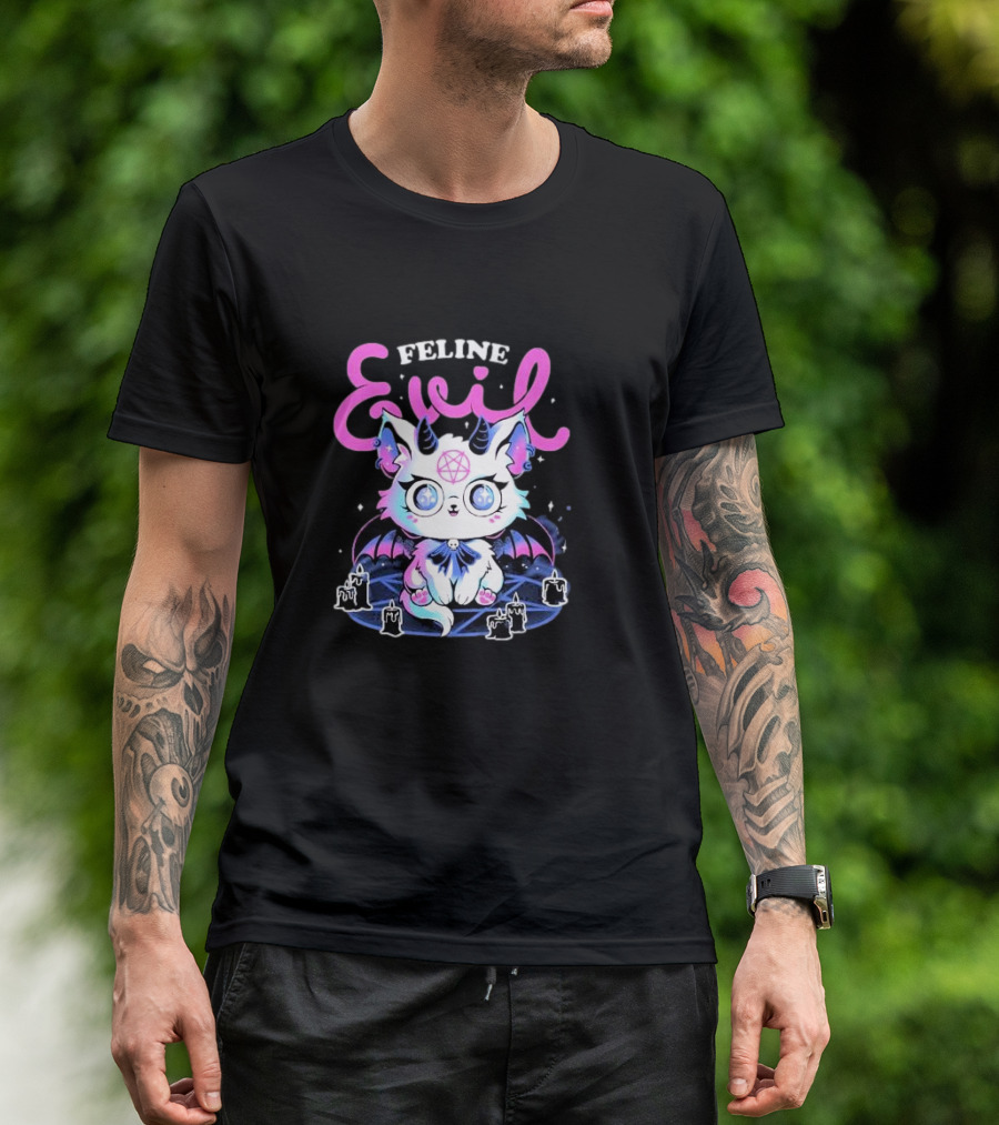 Feline Evil Cute Devil Cat With Pentagram And Bat Wings T-Shirt