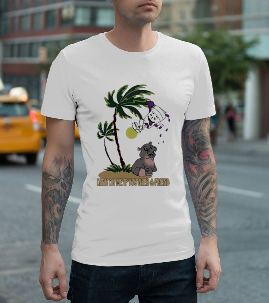 Lean On Me If You Need A Friend Moo Deng Cup with Palm Tree and Hippo Scene T-Shirt