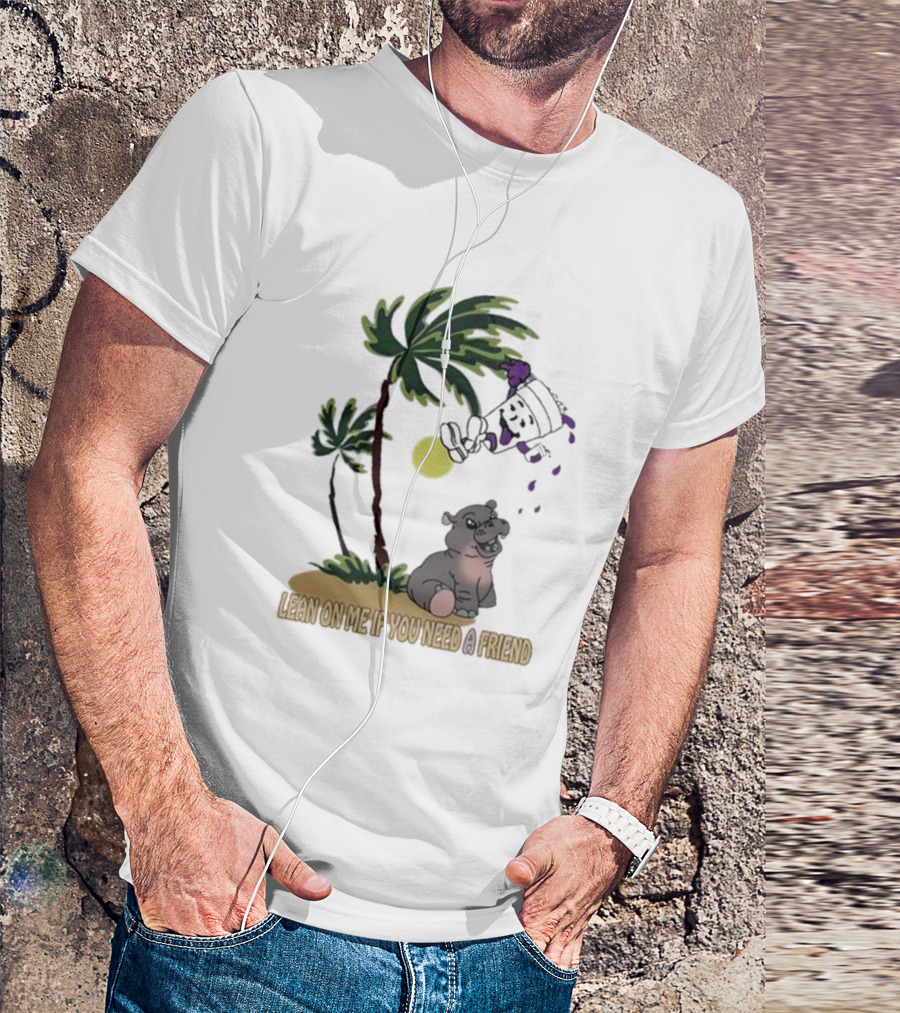 Grapejuiceboys Lean On Me If You Need A Friend Moo Deng Palm Tree Tropical Scene T-Shirt