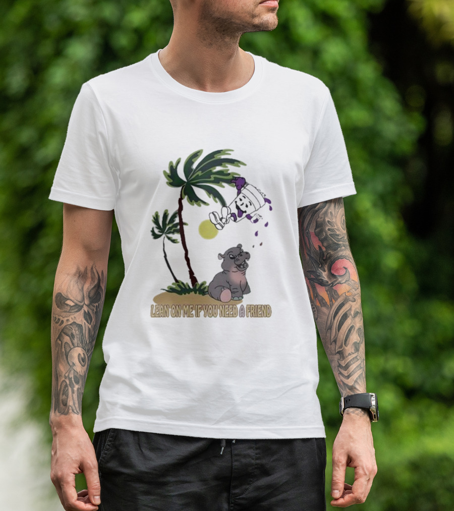 Grapejuiceboys Lean On Me If You Need A Friend Moo Deng Palm Tree Tropical Scene T-Shirt