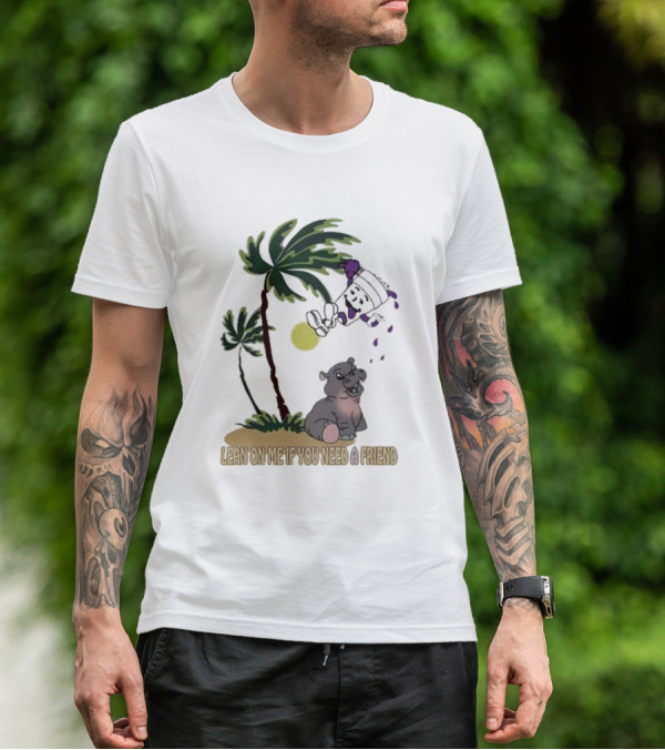 Grapejuiceboys Lean On Me If You Need A Friend Moo Deng Palm Tree Tropical Scene T-Shirt