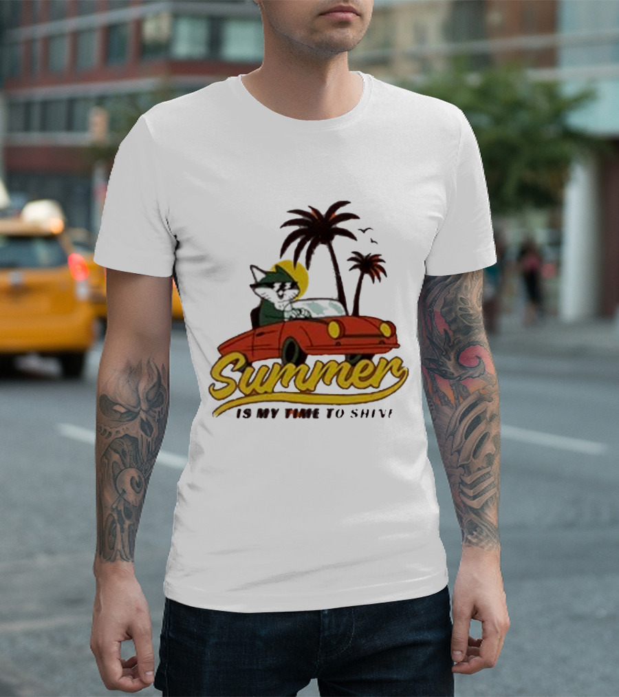 Summer Is My Time to Shine Cat in Car with Palm Trees T-Shirt