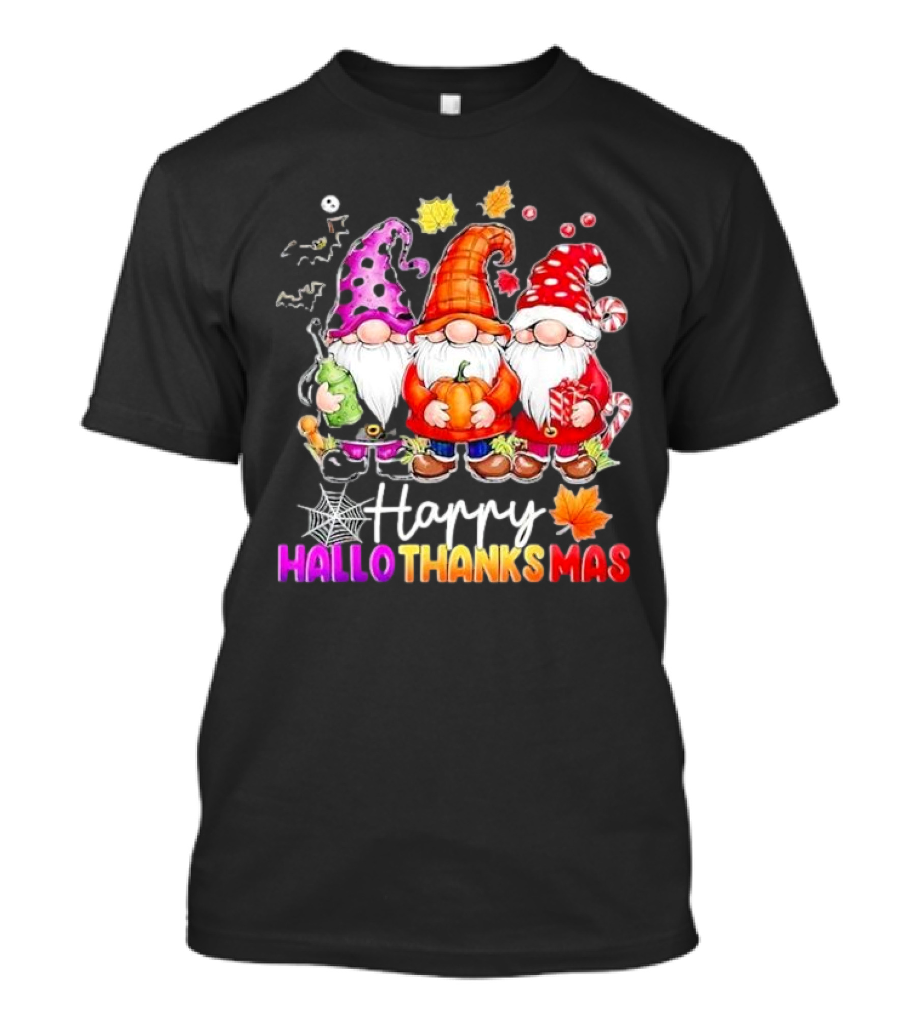 Happy Hallo Thanks Mas Halloween Thanksgiving Christmas Gnomes With Spider Webs Leaves Pumpkin And Candy Canes T-Shirt