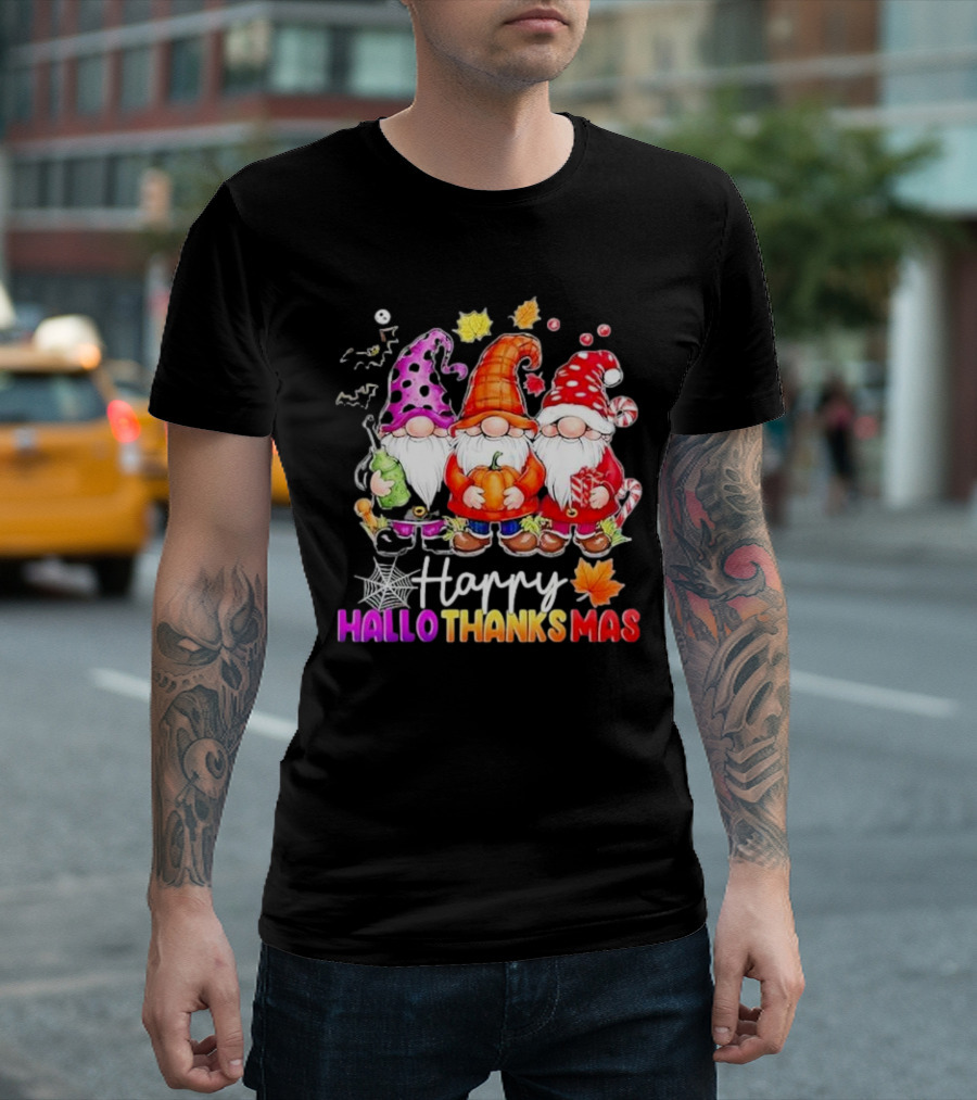 Happy Hallo Thanks Mas Halloween Thanksgiving Christmas Gnomes With Spider Webs Leaves Pumpkin And Candy Canes T-Shirt