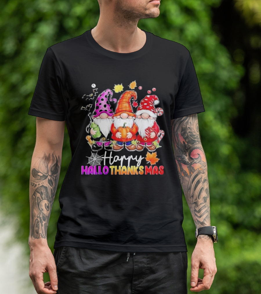 Happy Hallo Thanks Mas Halloween Thanksgiving Christmas Gnomes With Spider Webs Leaves Pumpkin And Candy Canes T-Shirt
