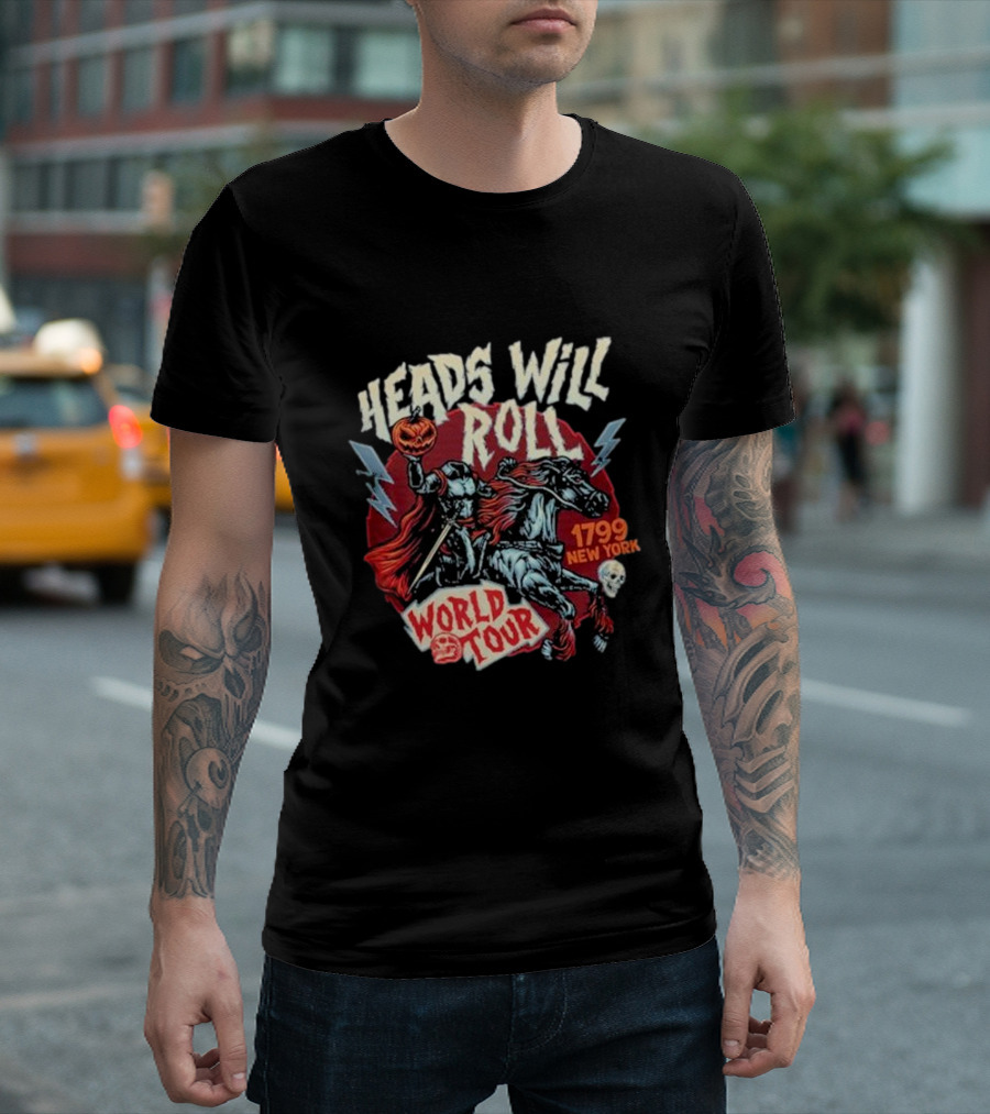 Heads Will Roll World Tour 1799 New York Halloween Horseback Pumpkin Skull Lightning T-Shirt