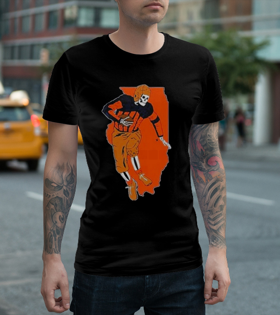 Il Football Pocket Skeleton Player Over Illinois Map T-Shirt