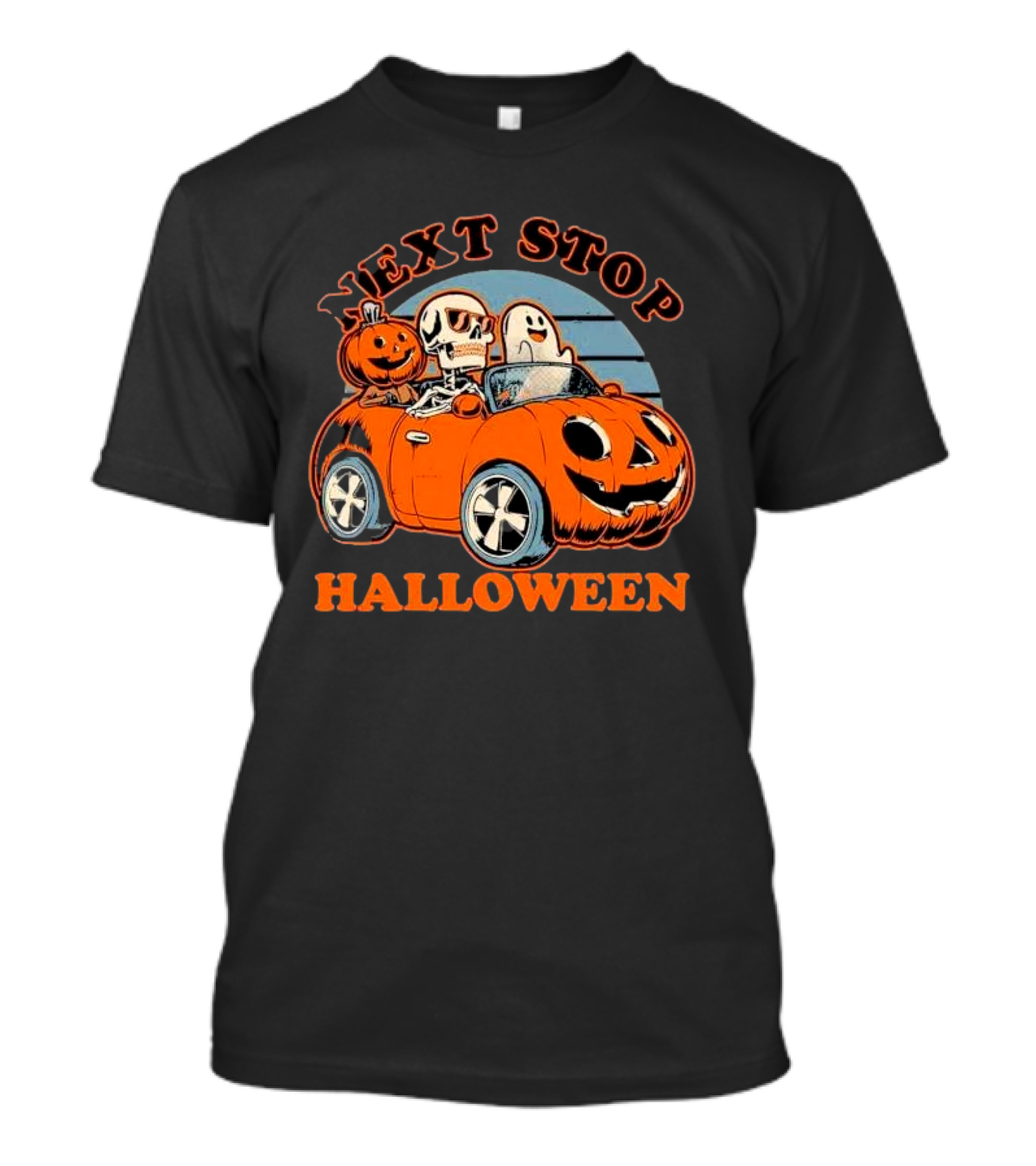Next Stop Halloween Ghost Skeleton Pumpkin Car T-Shirt