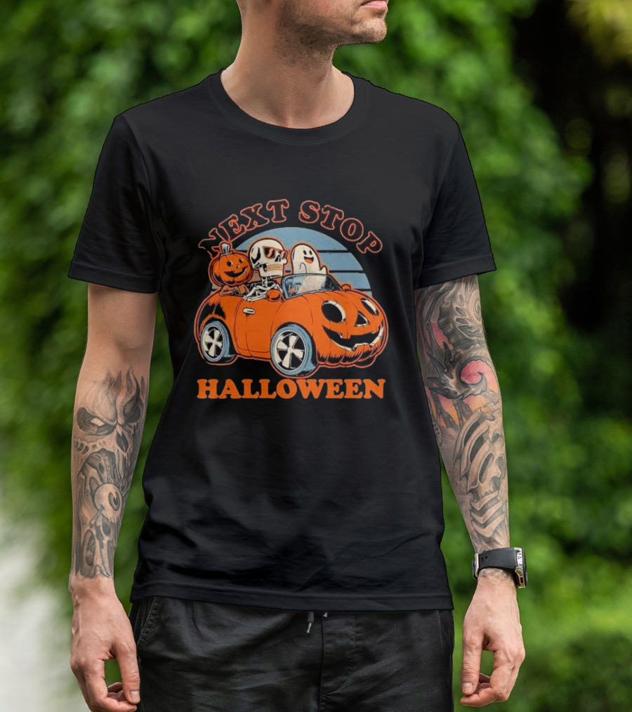 Next Stop Halloween Ghost Skeleton Pumpkin Car T-Shirt