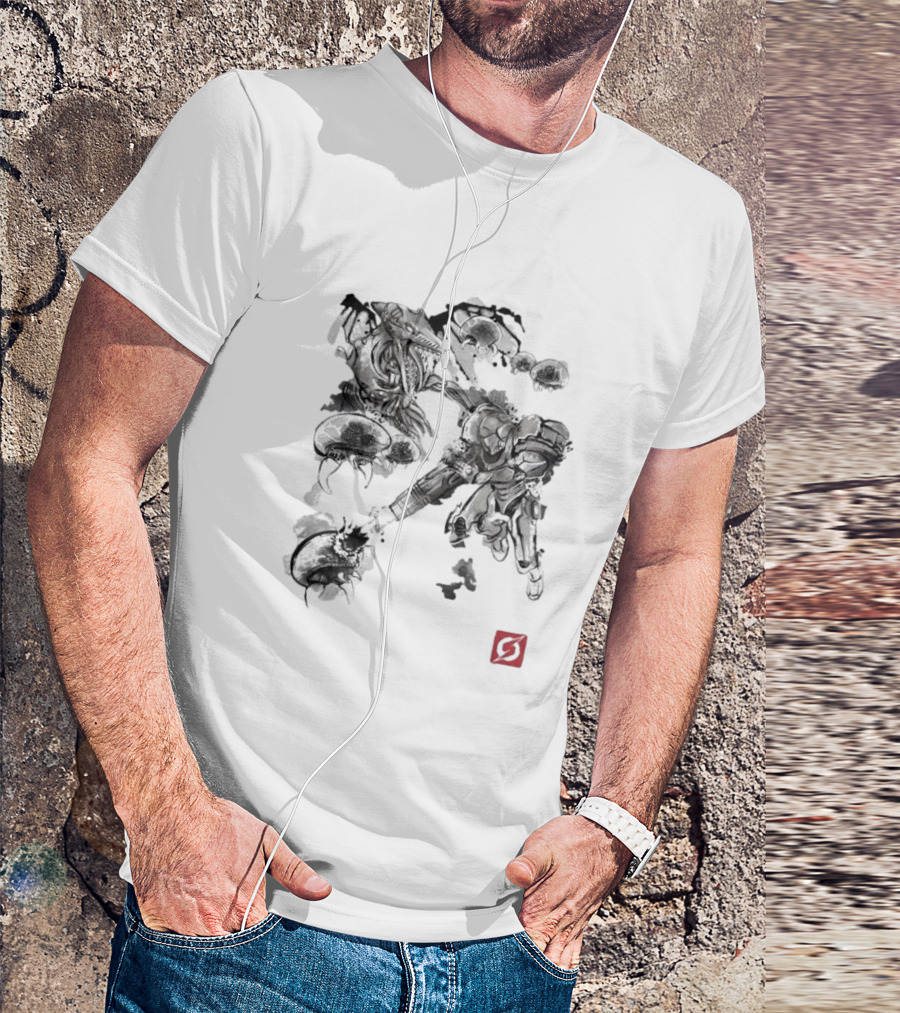Attack Of The Space Pirates Sumi-E Style Metroid Battle Scene T-Shirt