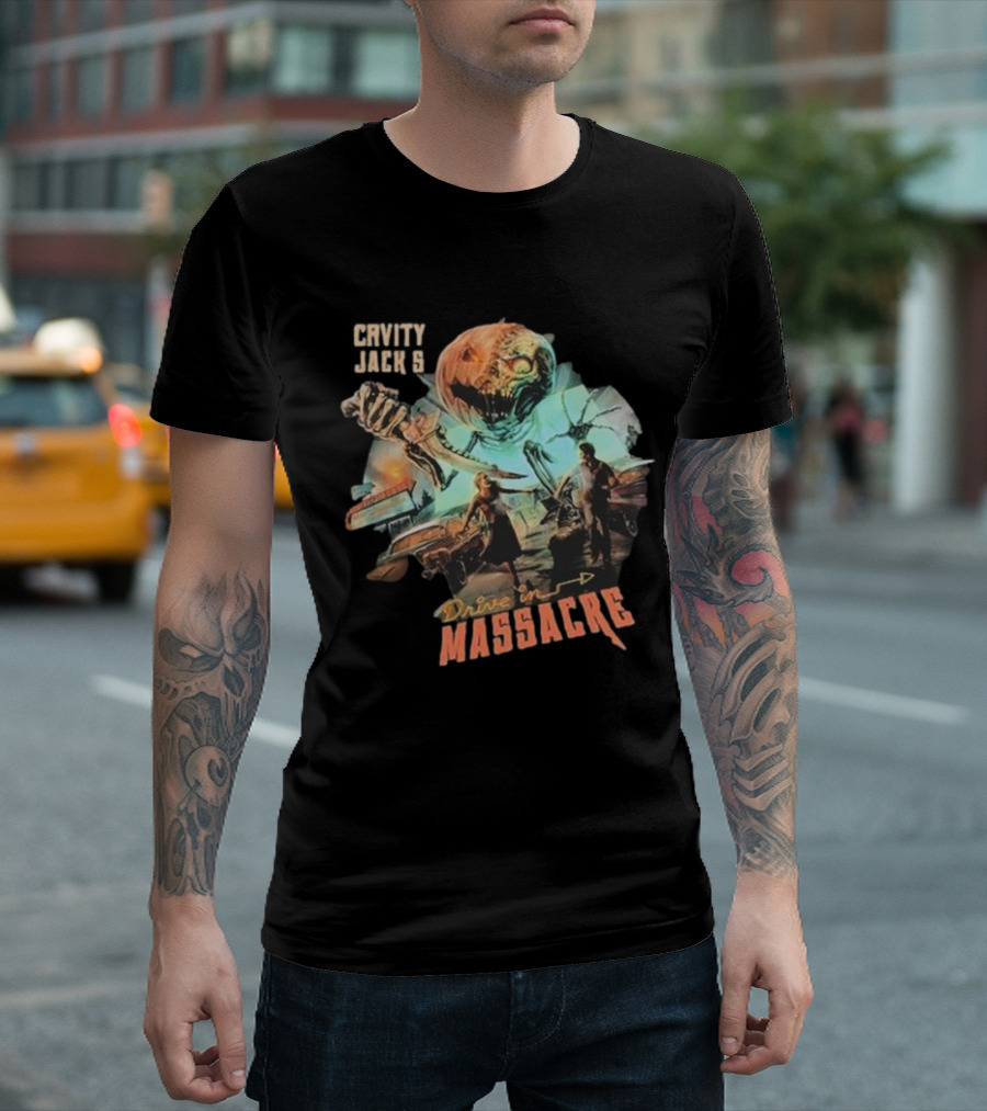 Cavity Jack's Drive In Massacre Giant Pumpkin Horror Scene T-Shirt