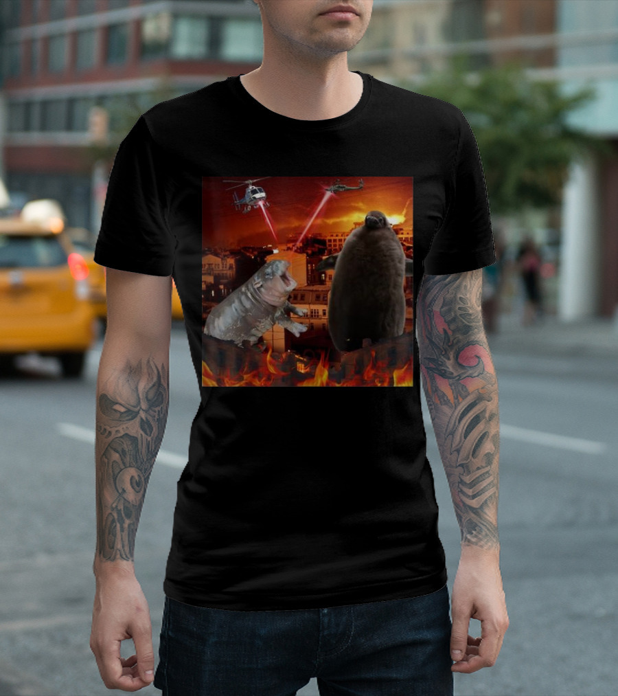 Moo Deng And Pesto Battle Urban Showdown with Helicopters and Laser Beams T-Shirt