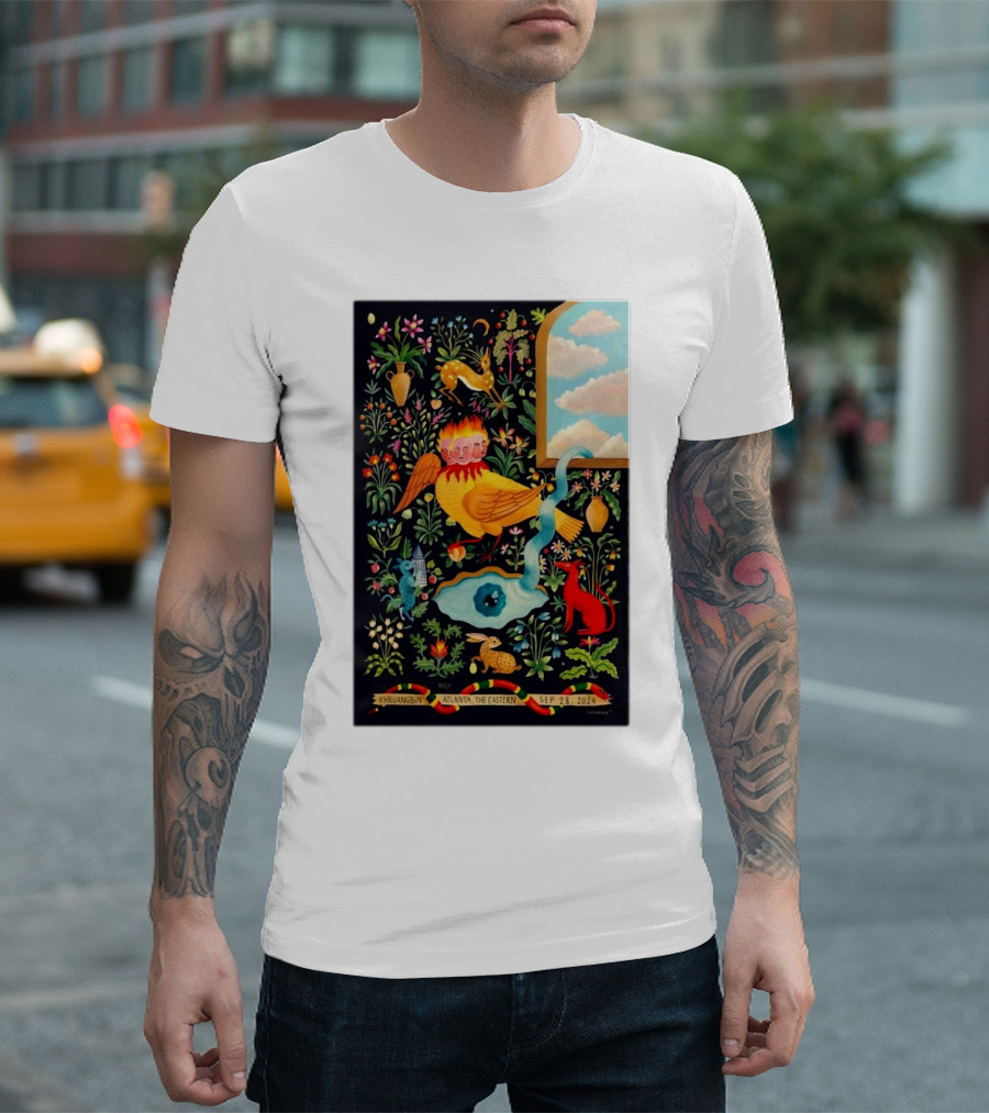 Khruangbin Atlanta The Eastern September 28 2024 Colorful Surreal Floral Art with Playful Animals and Streaming Clouds T-Shirt