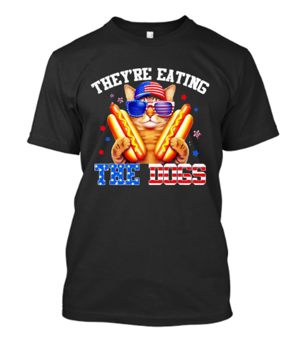 They’re Eating The Dogs Patriotic Cat With Hotdogs And American Flag Sunglasses T-Shirt